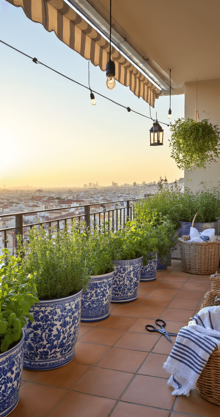 A summer sunset scene on a balcony with a Mediterranean-inspired arrangement of blue and white ceramic planters filled with mature herbs. Vintage zinc containers add an industrial touch, illuminated by golden hour backlight. The setting features a striped market basket, garden scissors, and linen tea towels, with a city vista and warm terracotta tiles. String lights and lanterns enhance the ambient glow.