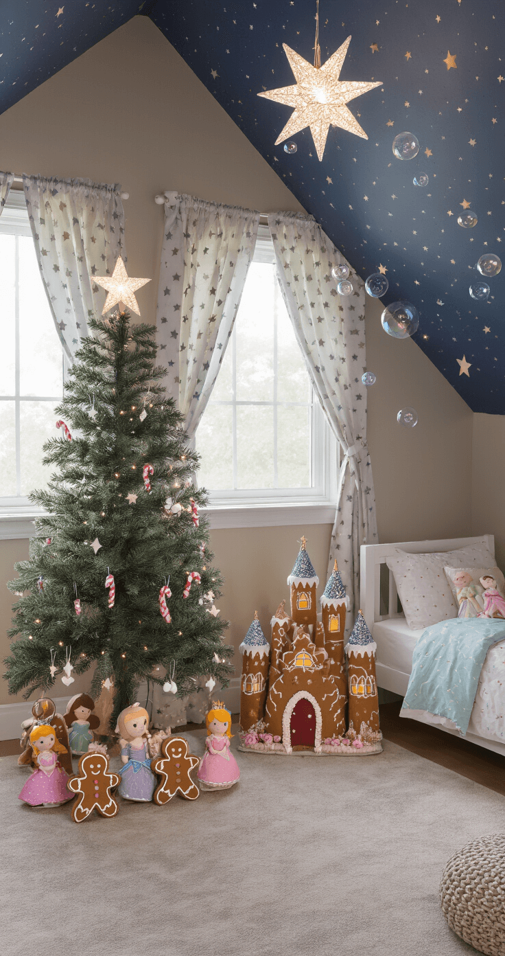 A charming child's bedroom featuring a magical gingerbread-themed Christmas tree, softly illuminated by moonlight through star-patterned curtains, with delicate ornaments and twinkling fairy lights, all set against a pastel color palette of pinks, blues, and lavenders.