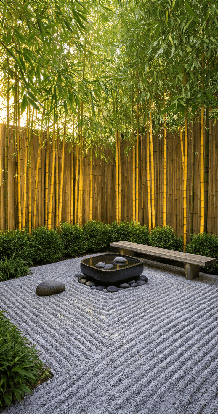 A tranquil Zen garden courtyard at golden hour featuring tall Asian Lemon bamboo as a privacy screen, a black granite water basin surrounded by river rocks, and a weathered cedar bench. The scene is illuminated by warm sunlight casting shadows on a light gray gravel path, with soft-focus muted green bamboo leaves and darker evergreen shrubs enhancing the serene atmosphere.