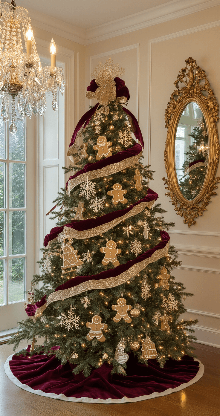 An elegant formal dining room decorated for the holidays, featuring wainscoting, a crystal chandelier, and an 8-foot Balsam fir tree adorned with intricate glass ornaments and antique gold gingerbread men. Soft candlelight reflects in a gilt-framed mirror, creating a warm ambiance, while a sophisticated color scheme of deep browns, burnished golds, and burgundy enhances the luxurious atmosphere. The dining table is set, complementing the festive decor.