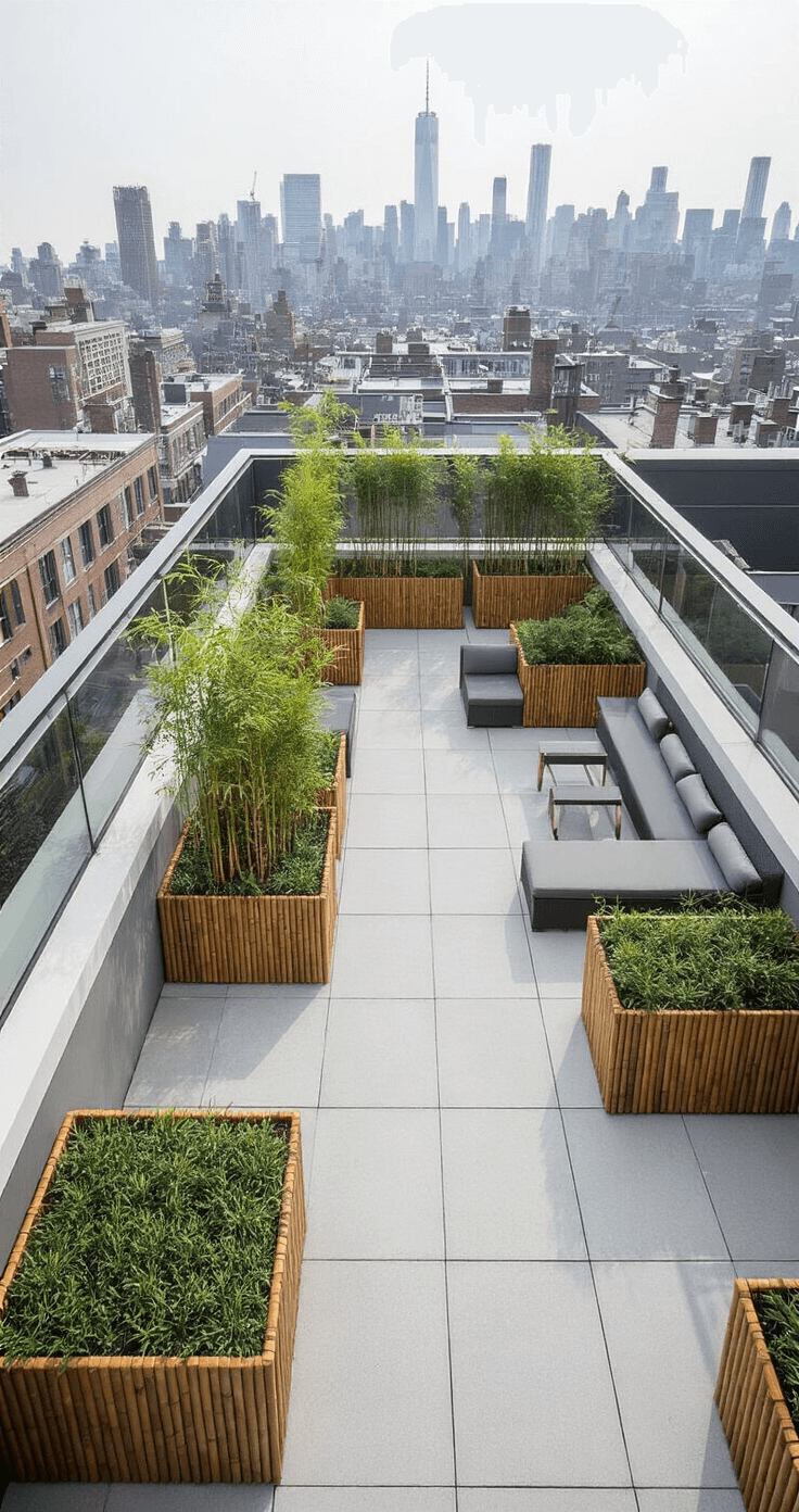High-angle view of a modern rooftop garden featuring geometric bamboo planters with Black Bamboo, light limestone pavers in a grid pattern, minimalist charcoal gray lounge furniture, and a glass balustrade reflecting the city skyline, shot from a sixth-floor perspective with sharp focus.