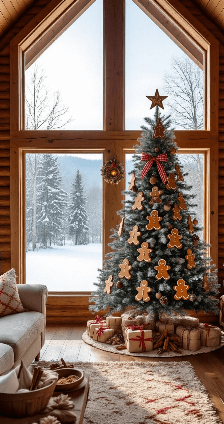 A rustic log cabin living area with cathedral ceilings and floor-to-ceiling windows showing a snowy landscape, featuring a beautifully decorated 10-foot Blue Spruce tree in a homespun gingerbread theme, surrounded by natural earthy colors and warm ambient lighting.