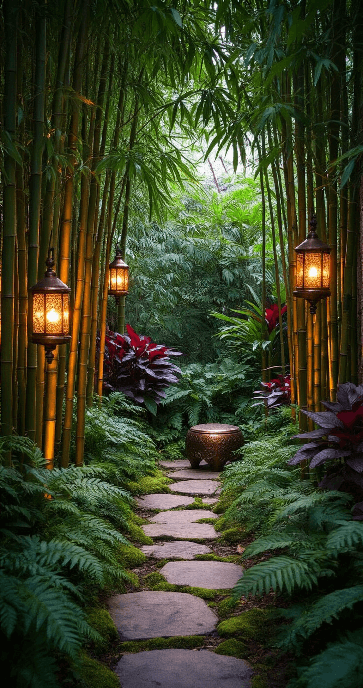 An intimate tropical garden nook at dusk featuring a natural archway formed by Buddha Belly bamboo, warm glowing copper lanterns, lush deep green ferns, and burgundy ti plants surrounding a moss-accented stone path, with a vintage bronze garden stool nestled among the foliage, captured in soft focus to emphasize layers and depth.