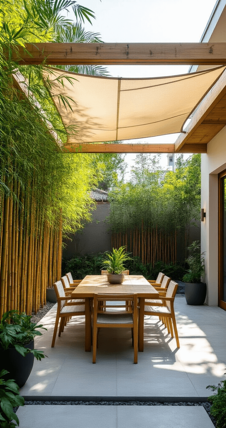 Contemporary bamboo-framed pergola with a cream canvas shade sail, featuring a modern teak and white outdoor dining set, surrounded by Giant Timber bamboo, on polished concrete flooring with LED lighting, captured in afternoon light from a corner angle.