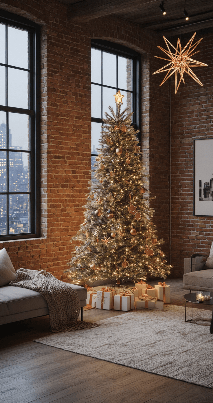 A modern loft-style living room featuring a flocked artificial tree decorated with minimalist geometric ornaments, chic metallic accents, and aromatic glass baubles, against exposed brick walls and industrial windows, with city lights twinkling in the background under low-key, moody lighting.