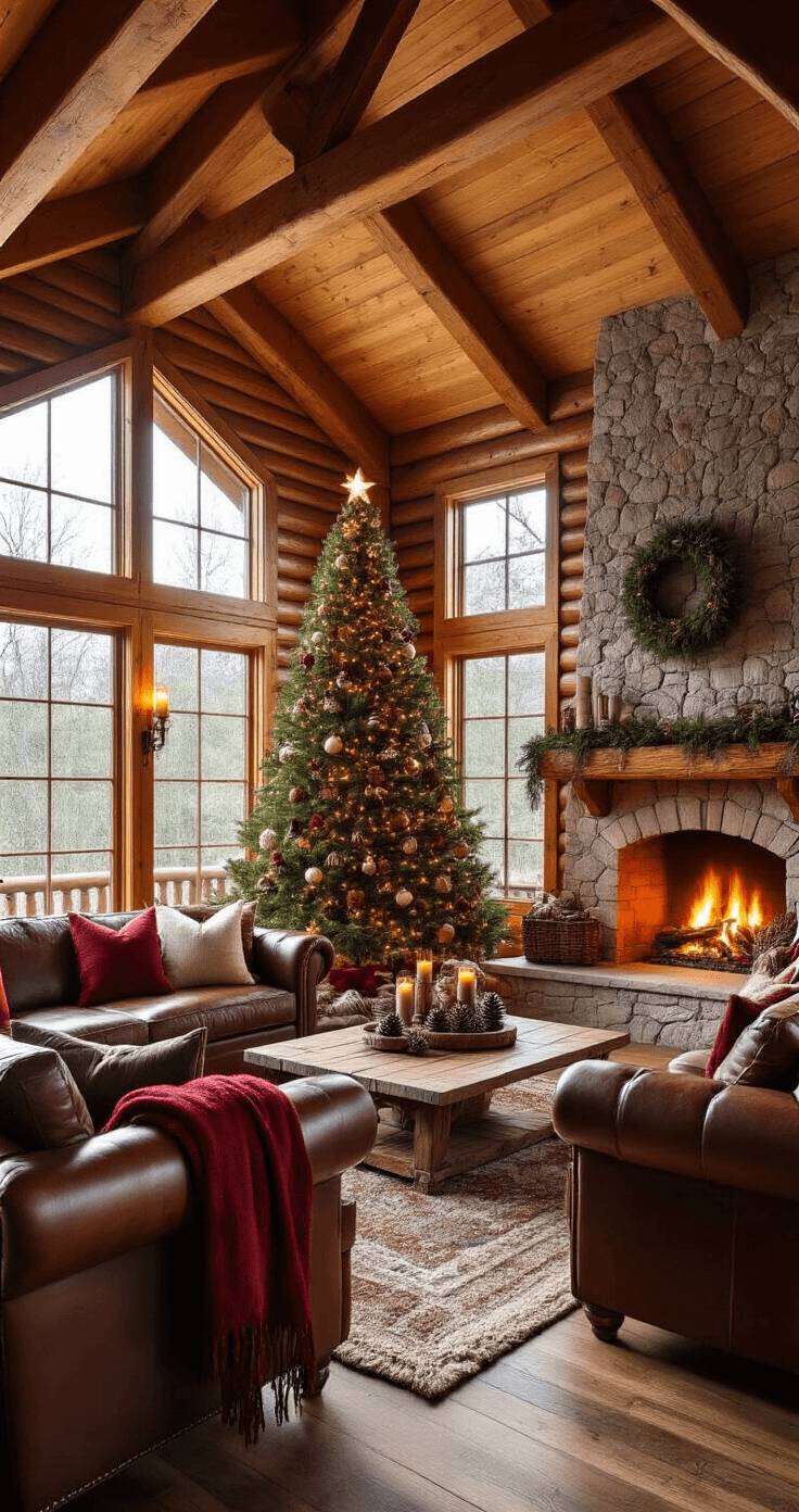 Cozy log cabin living room with wooden beams, large windows letting in golden hour sunlight, a 7-foot Christmas tree with wooden ornaments, leather sofas around a stone fireplace, and warm earth tones throughout.