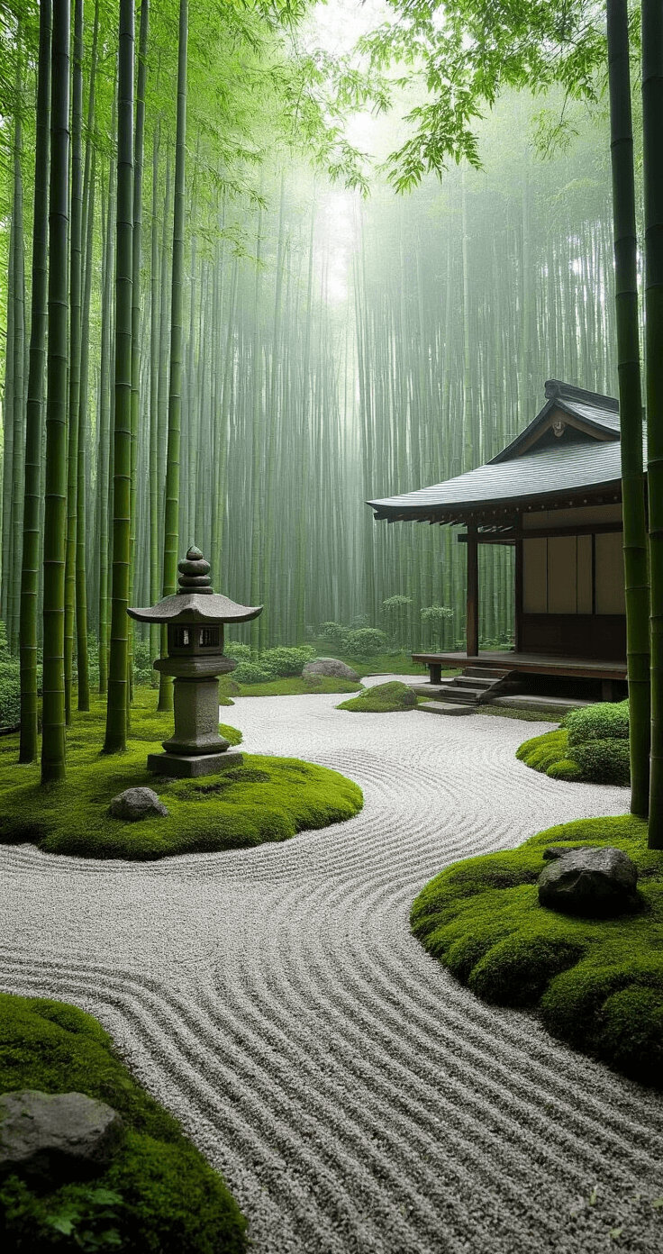 A serene Japanese-inspired meditation garden in morning mist, featuring a bamboo grove, a stone lantern on a moss bed, raked gravel paths leading to a tea house, and burgundy maple trees, all illuminated by soft natural light.