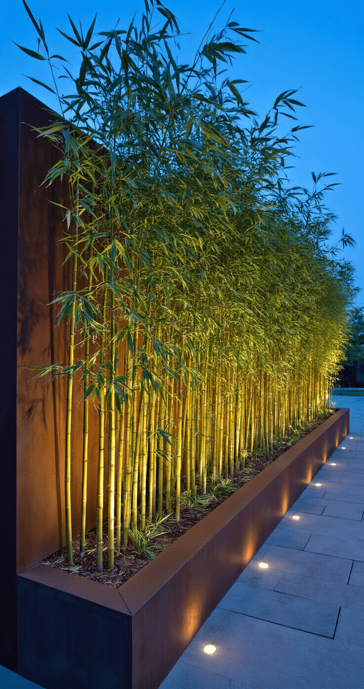 Side-angle view of an urban bamboo privacy screen with layered running bamboo specimens ranging from 8 to 15 feet, set against a contemporary cor-ten steel edge. The scene, captured during blue hour with dramatic evening lighting, features integrated LED uplighting highlighting the bamboo culms and modern charcoal concrete pavers, showcasing intricate textures.