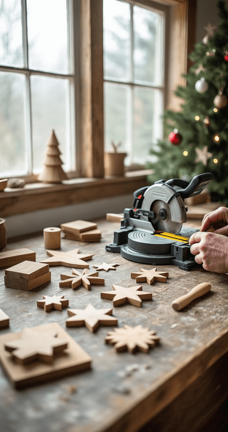 Close-up of a DIY wooden Christmas tree ornament workshop featuring a weathered oak workbench, salvaged wood pieces, a prominently placed miter saw, hand tools, and half-finished star and snowflake ornaments, with a decorated Christmas tree in the soft focus background.