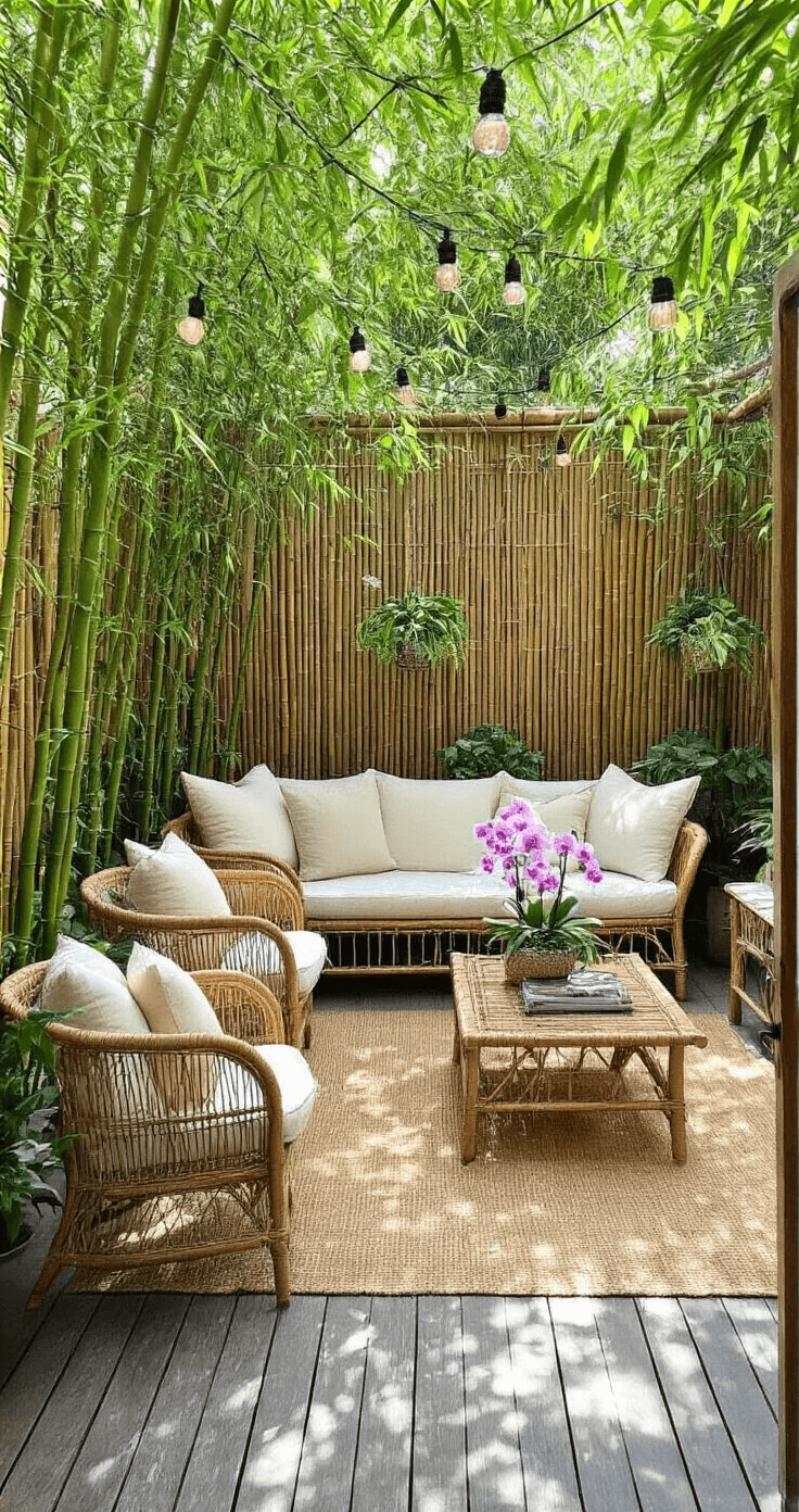 Overhead view of a bamboo-enclosed garden room featuring informal seating with vintage rattan furniture, ivory cushions, and a jute rug on a weathered deck, accented by hanging string lights and potted orchids, illuminated by dappled sunlight filtering through the bamboo canopy.