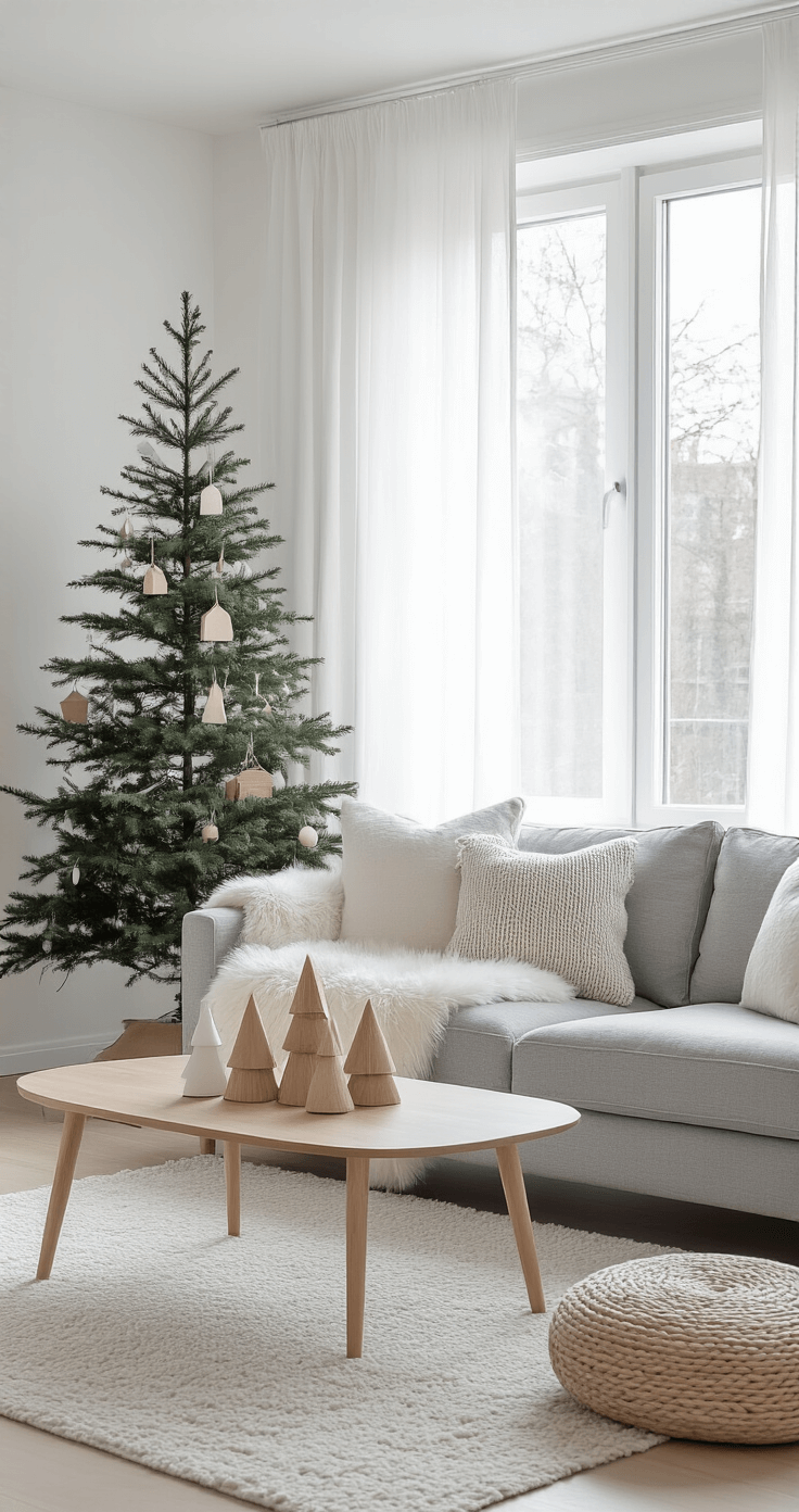 A minimalist Scandinavian-inspired living room featuring white walls and light hardwood floors, with morning light streaming through sheer curtains. A slender wooden Christmas tree in the corner is decorated with geometric wooden ornaments. The gray sofa is accessorized with faux fur throws and muted knit pillows. A coffee table with wooden bottle brush trees completes the serene, modern atmosphere.