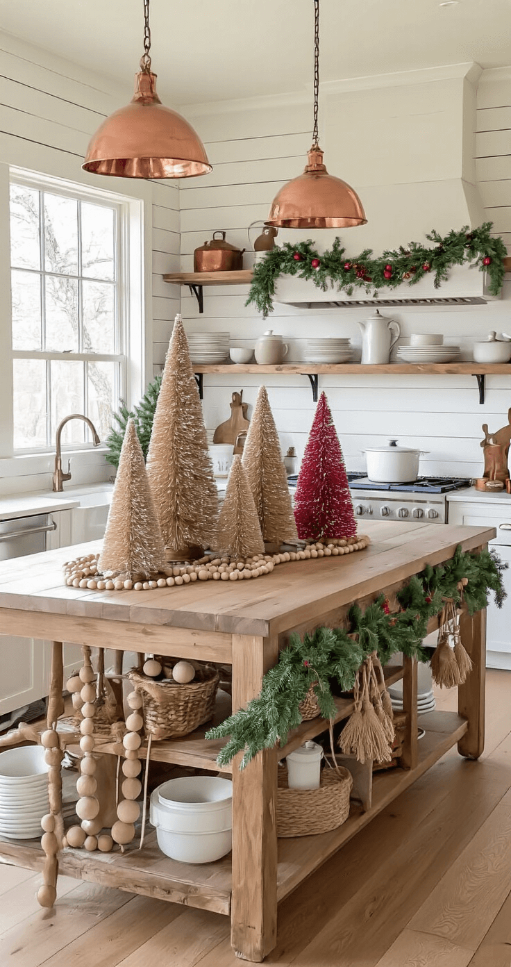 A cozy farmhouse kitchen illuminated by warm afternoon light, featuring shiplap walls and a large central island adorned with various wooden Christmas trees, garlands of wooden beads, and contrasting copper pots and white dishware.