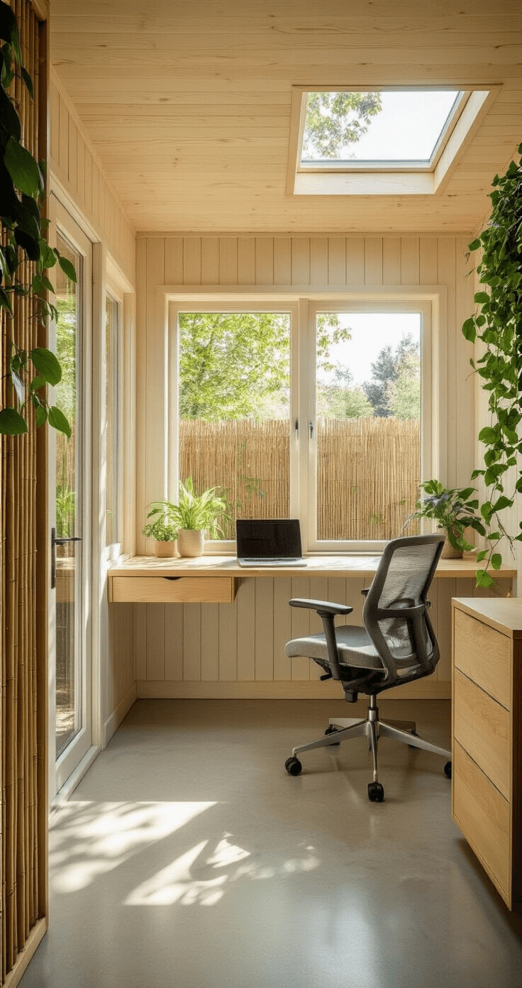 A wide-angle view of a tranquil 2.5m x 2.5m garden office pod at golden hour, featuring floor-to-ceiling windows reflecting the garden. The modern Scandinavian interior includes white-washed pine walls, a light oak floating desk, and an ergonomic mesh chair, complemented by biophilic elements like a trailing pothos plant and a bamboo privacy screen. Natural light streams through a skylight onto polished concrete floors, with a color palette of sage green, warm whites, and natural woods, all highlighted by soft directional lighting that enhances the textures.