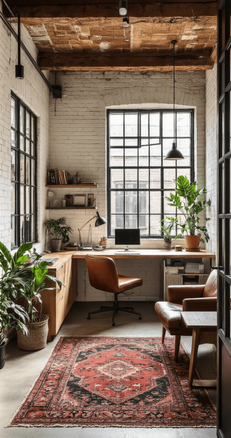 Interior view of a spacious 30sqm converted brick garden studio, showcasing exposed brick walls, whitewashed sections, and original timber beams. The shot captures the entrance doorway with natural light casting shadows through industrial black-framed windows. The contemporary space features a main desk area, a casual seating nook with a leather armchair, and a compact kitchenette, all anchored by a vintage Persian rug and accented with deep green indoor plants.
