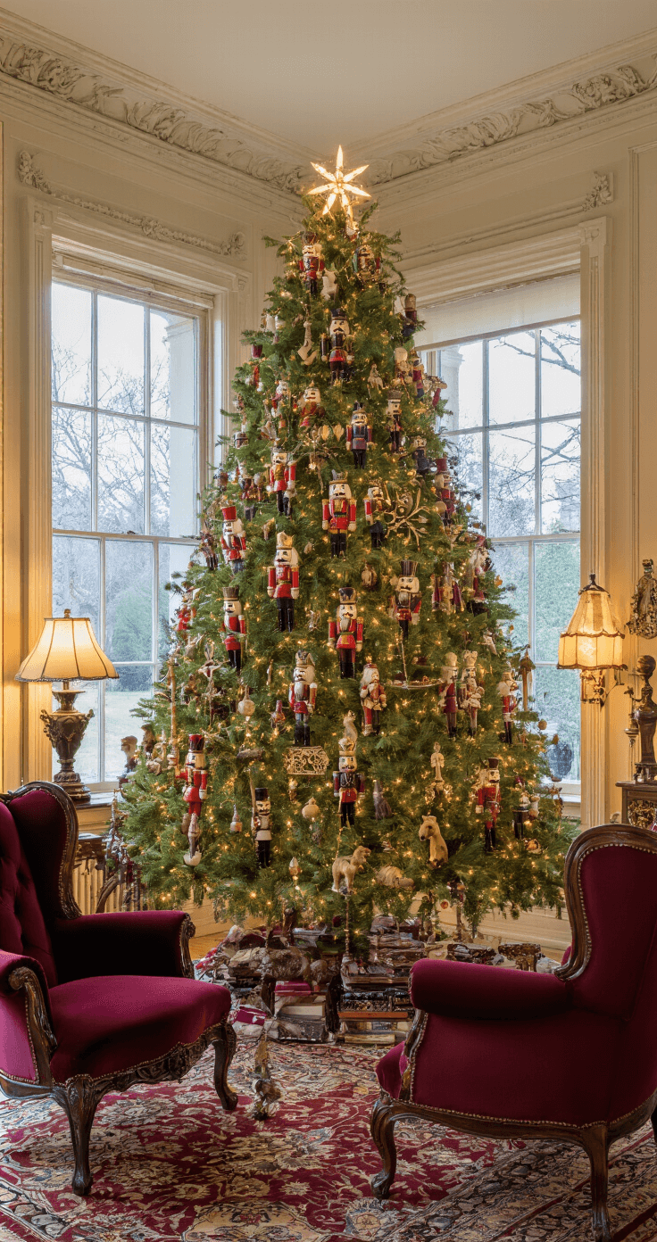 A low-angle view of a Victorian parlor featuring a grand 8-foot Noble fir decorated with intricately carved German wooden ornaments. The room has high ceilings, ornate moldings, and a warm glow from soft lamplight as dusk settles outside. Luxurious velvet furniture in deep jewel tones surrounds the tree, with antique side tables displaying wooden music boxes and carved figurines, set within a rich color palette of burgundy, forest green, and gold.