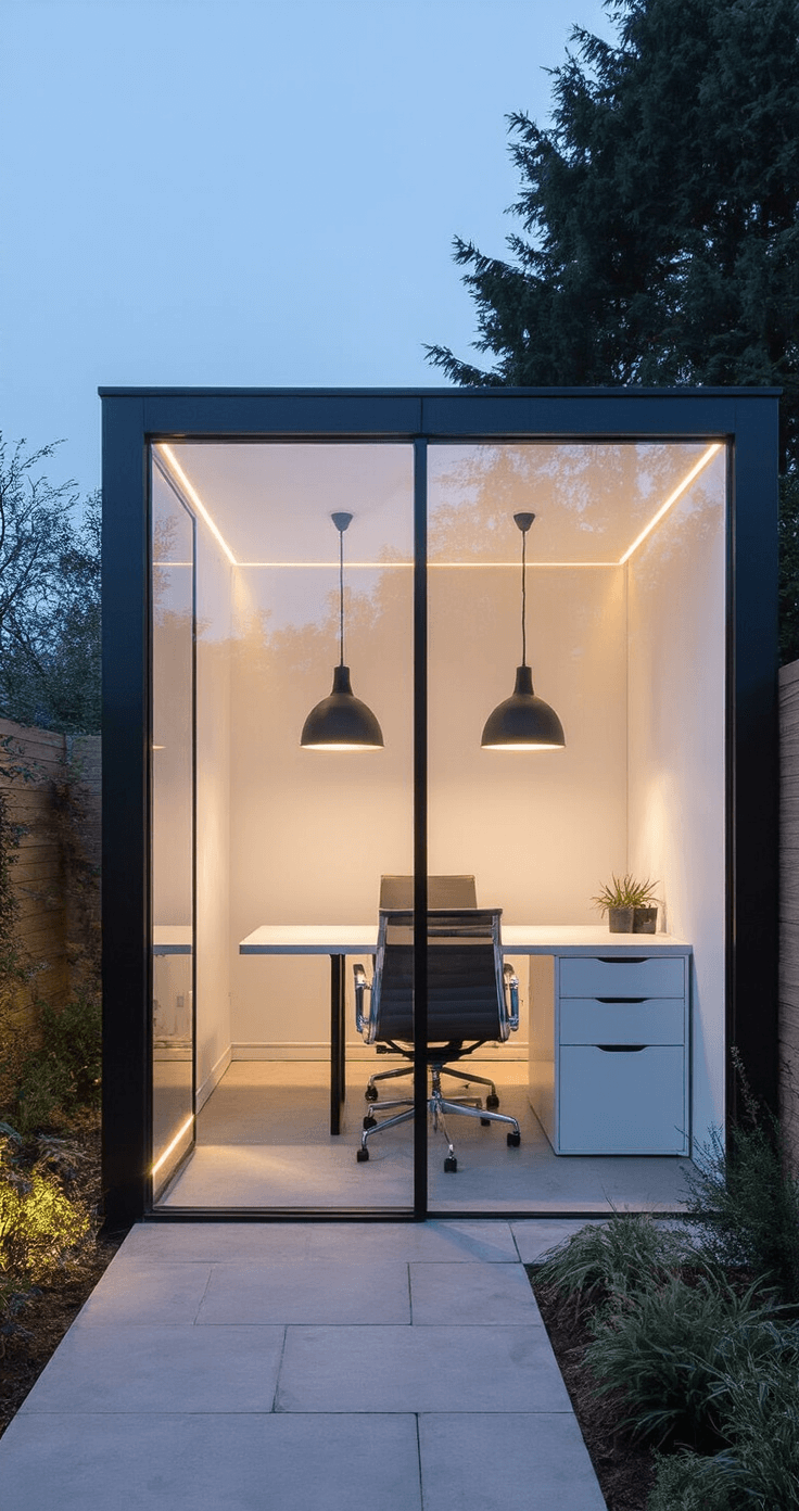 A minimalist glass-walled garden office at dusk with a black aluminum frame, interior illuminated by designer pendant lights, featuring a built-in white storage wall, a floating concrete desk, and an iconic Eames office chair, surrounded by strategically uplighted garden beds, reflecting garden lighting for visual interest, all set in a cool grey and white palette with oak flooring and brass accents.