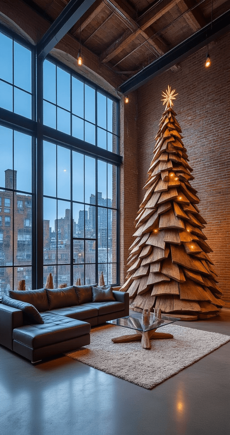 A modern open-concept loft featuring concrete floors, exposed brick walls, and floor-to-ceiling windows, illuminated by cool blue twilight. A 5-foot abstract wooden Christmas tree sculpture made of reclaimed driftwood stands near the windows, adorned with minimalist wooden geometric ornaments. A sleek leather sectional and glass coffee table complement the organic design of the tree, while scattered wooden bottle brush trees create a forest-like atmosphere. The color scheme includes neutral tones with pops of silver and blue, enhanced by moody, atmospheric lighting that highlights the tree's silhouette against the city skyline.