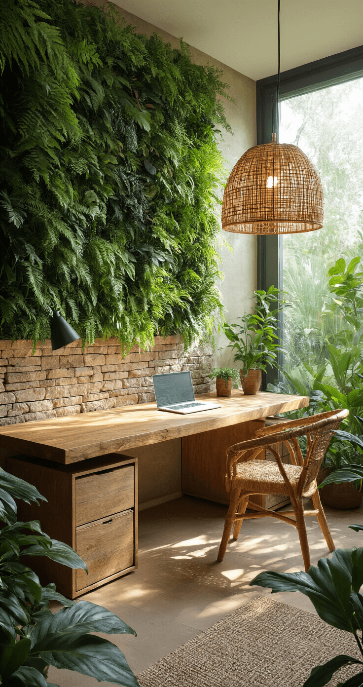 Interior of a biophilic garden office featuring a living wall of ferns and tropical plants, a natural stone feature wall with a water cascade, a reclaimed wood floating desk, and bamboo storage, all bathed in diffused afternoon light and an earth-toned palette with green accents.