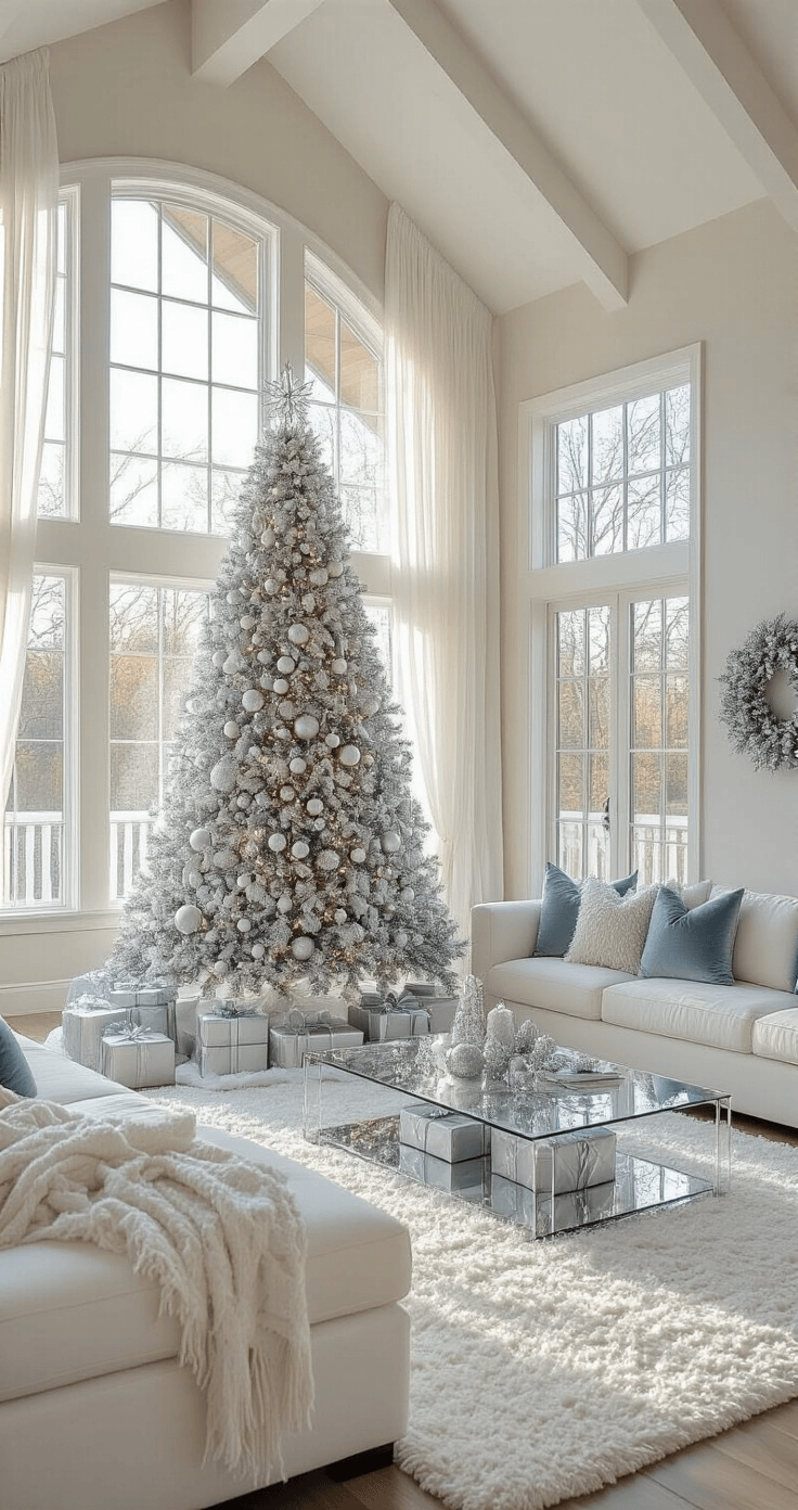 Silver Christmas Tree Decorations: A Shimmering Guide to Festive Elegance A spacious living room featuring a vaulted ceiling and large bay window, bathed in warm golden afternoon light. A 9ft silver Christmas tree adorned with shiny and matte silver ornaments stands as the focal point, surrounded by a plush white sectional sofa and a glass coffee table. Silver garlands and beaded strands add elegance, while a fluffy white rug and pale blue velvet throw pillows enhance the decor. Presents wrapped in metallic paper are placed beneath the tree, with soft, diffused natural light creating a festive warmth throughout the space.