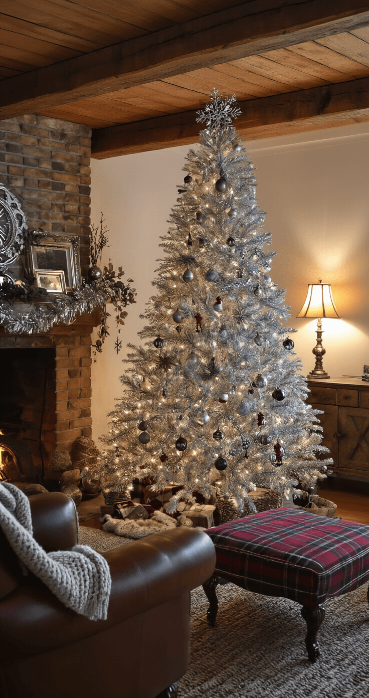 Silver Christmas Tree Decorations: A Shimmering Guide to Festive Elegance Cozy den featuring a 7ft artificial silver tree adorned with vintage-inspired ornaments and tinsel, complemented by a leather armchair and plaid ottoman. Warm light from table lamps creates an inviting atmosphere, while antique silver picture frames and engraved snowflakes add nostalgic holiday charm.