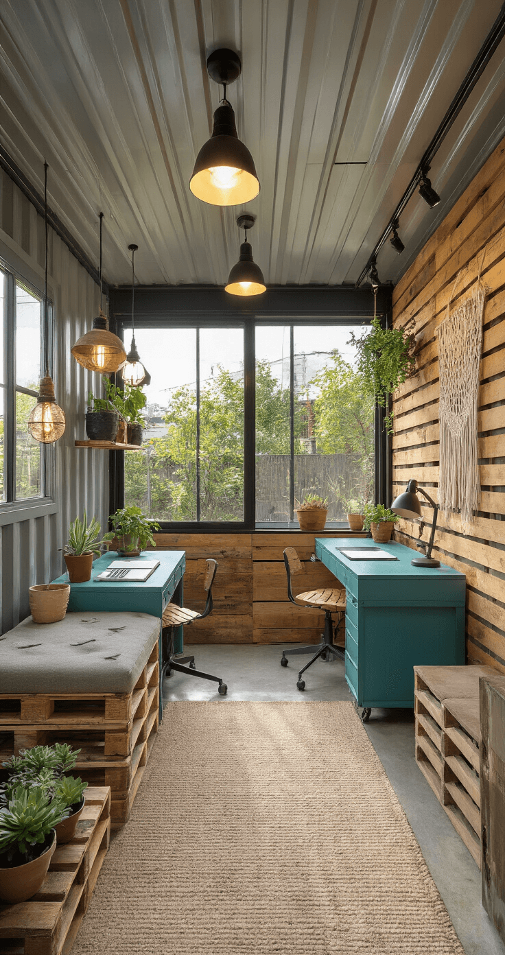 Eco-conscious garden studio interior featuring a recycled shipping container conversion with an accent wall of pallet wood, upcycled industrial lighting, and a restored vintage teal desk, illuminated by natural light from clerestory windows and LED track lighting, with modular furniture zones, macrame wall hangings, and potted succulents for a sustainable urban industrial aesthetic.