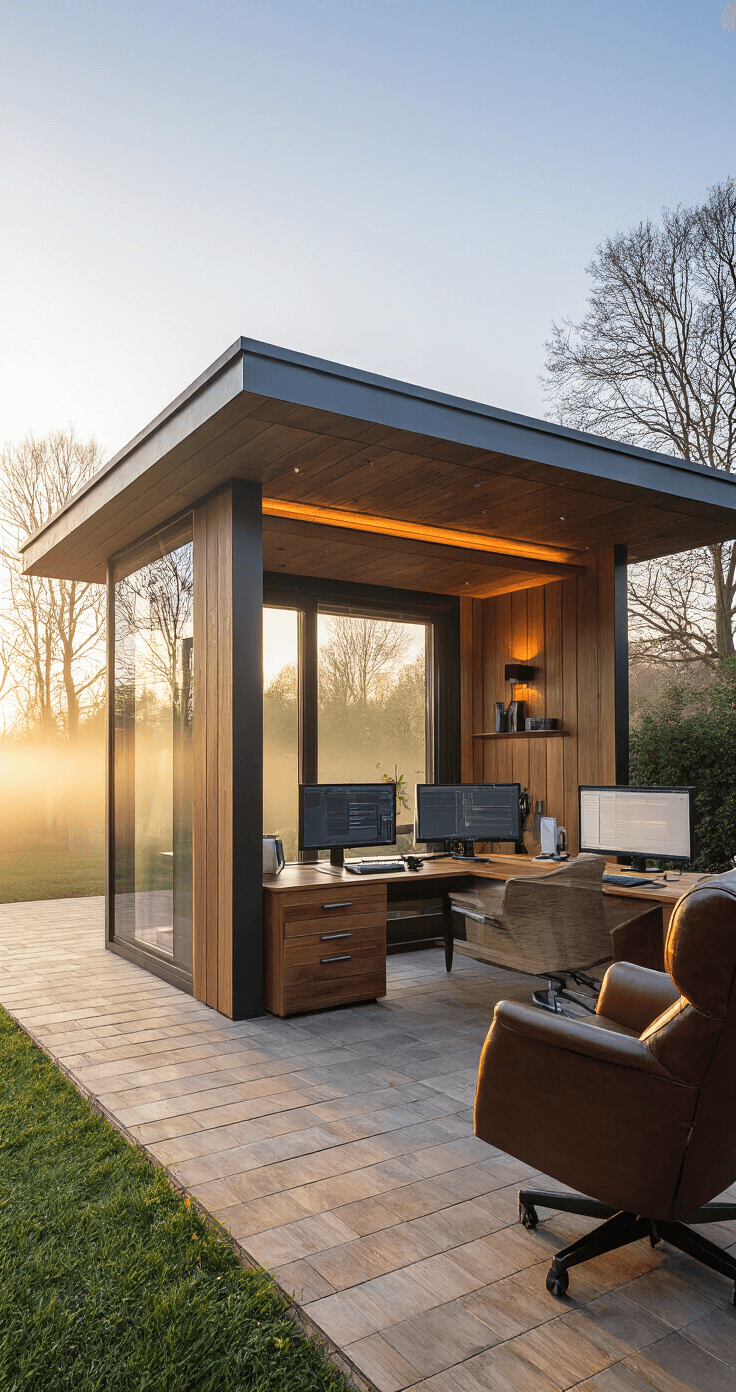 A luxury custom garden office pavilion at sunrise, featuring a contemporary 5m x 4m structure with wraparound glass and cedar cladding, showcasing a professional-grade workstation with dual monitors, podcast equipment, automated blinds, and integrated smart lighting, complemented by walnut bespoke joinery, a leather executive chair, and designer accessories, all highlighted through morning mist.