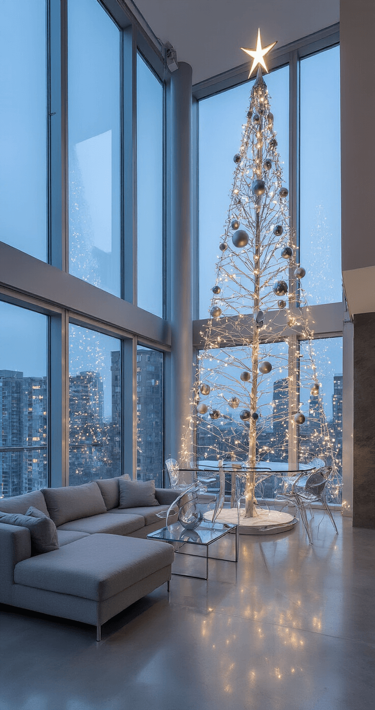 Silver Christmas Tree Decorations: A Shimmering Guide to Festive Elegance A high-angle view of a modern open-concept apartment at dusk, featuring floor-to-ceiling windows showcasing city lights. The space includes a minimalist gray sofa, an acrylic dining set, and an 8ft silver Christmas tree with a modern spire topper, accented by geometric silver ornaments and LED light strands. Polished concrete floors and sleek metal accents complement a color scheme of silver, charcoal, and electric blue, with a prominent abstract silver sculpture near the tree. The cool ambient lighting contrasts with the warm glow of the tree lights, creating an urban holiday chic atmosphere.