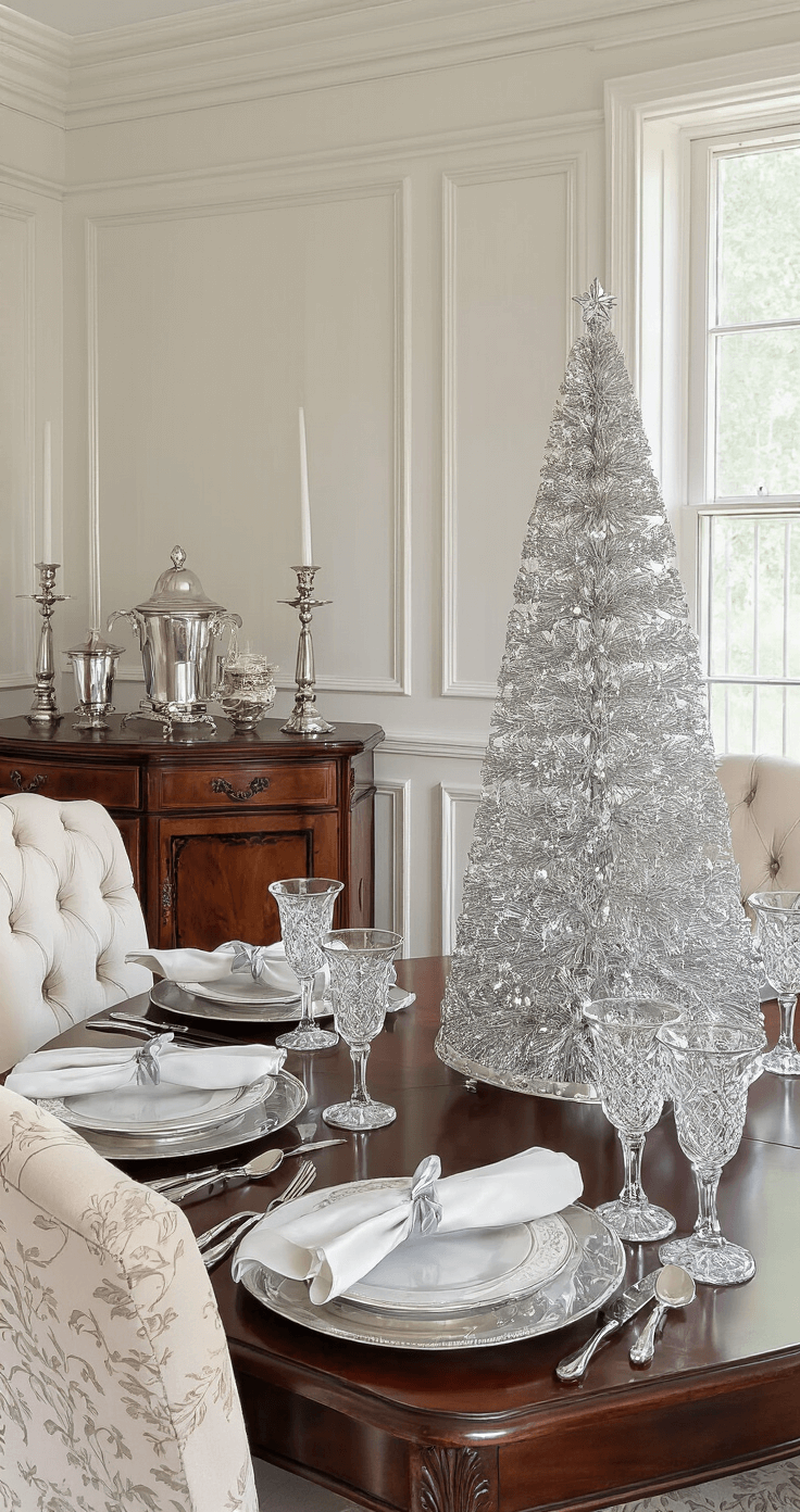 Silver Christmas Tree Decorations: A Shimmering Guide to Festive Elegance A luxurious traditional dining room featuring a mahogany table set for a formal holiday meal, with an elegant silver tree centerpiece, silver charger plates, crystal candlesticks, and ornate upholstered chairs, all illuminated by bright natural light.