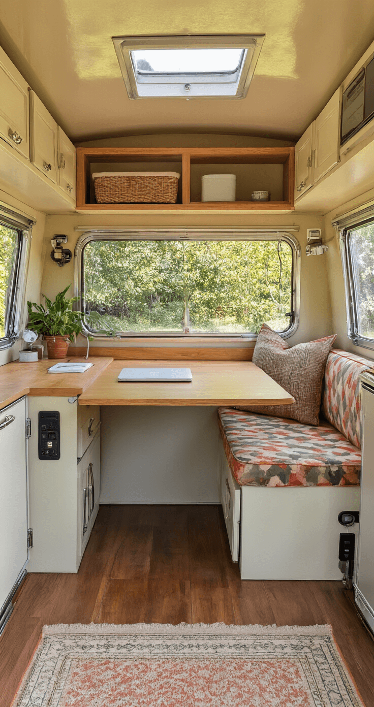 Interior of a restored vintage caravan transformed into a mobile garden office, featuring afternoon light, a compact desk with a fold-down table, built-in storage, retro chrome trim, a seating nook, contemporary tech like USB charging stations and solar power, all in a nostalgic color palette.