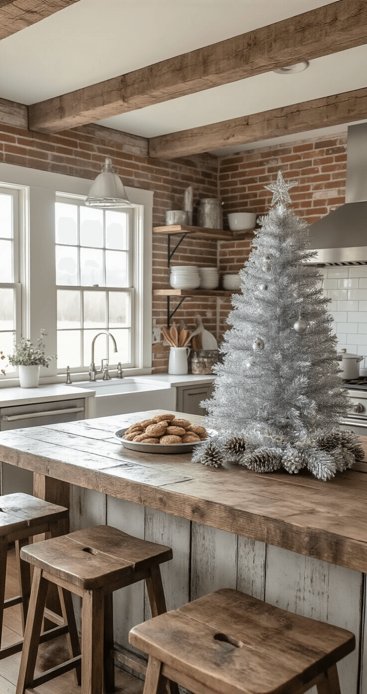 Silver Christmas Tree Decorations: A Shimmering Guide to Festive Elegance A cozy rustic farmhouse kitchen adorned with a 5ft silver tinsel tree on a vintage island, surrounded by wooden bar stools and a farmhouse sink, illuminated by soft dawn light and decorated with silver-painted pinecones and white berry sprigs, while freshly baked cookies rest on a silver platter.