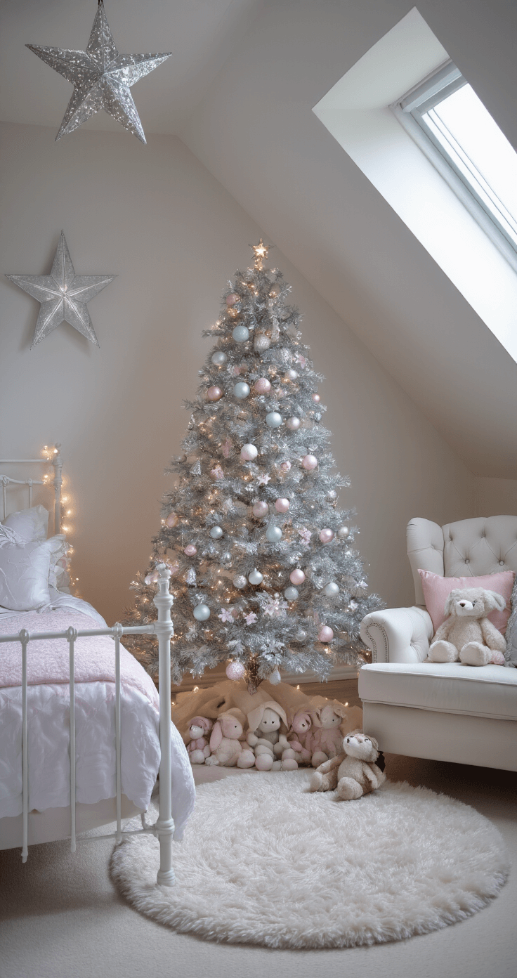 Silver Christmas Tree Decorations: A Shimmering Guide to Festive Elegance A dreamy child's bedroom at night, featuring a sloped ceiling and moonlight streaming through a dormer window, with a 4ft silver tree adorned with pastel and silver ornaments as the focal point. The scene includes a white iron bed, an overstuffed reading chair, fairy lights, and a silver star mobile. A fluffy area rug and satin bedspread add texture, while stuffed animals are arranged around the tree base. The low-angle perspective captures the soft glow of a night light and the tree, creating an enchanted holiday atmosphere.