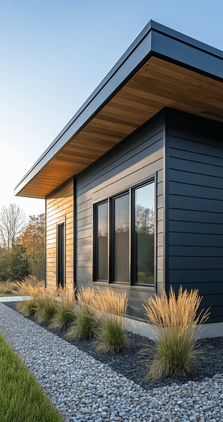 Low-angle view of a modern shed exterior, featuring a flat metal roof and charcoal gray composite siding, with dramatic early morning shadows. Oversized matte black aluminum window frames and a warm cedar accent wall complement the design, surrounded by native grasses and crushed stone landscaping. Shot with a 14mm lens to highlight vertical lines and contemporary silhouette.