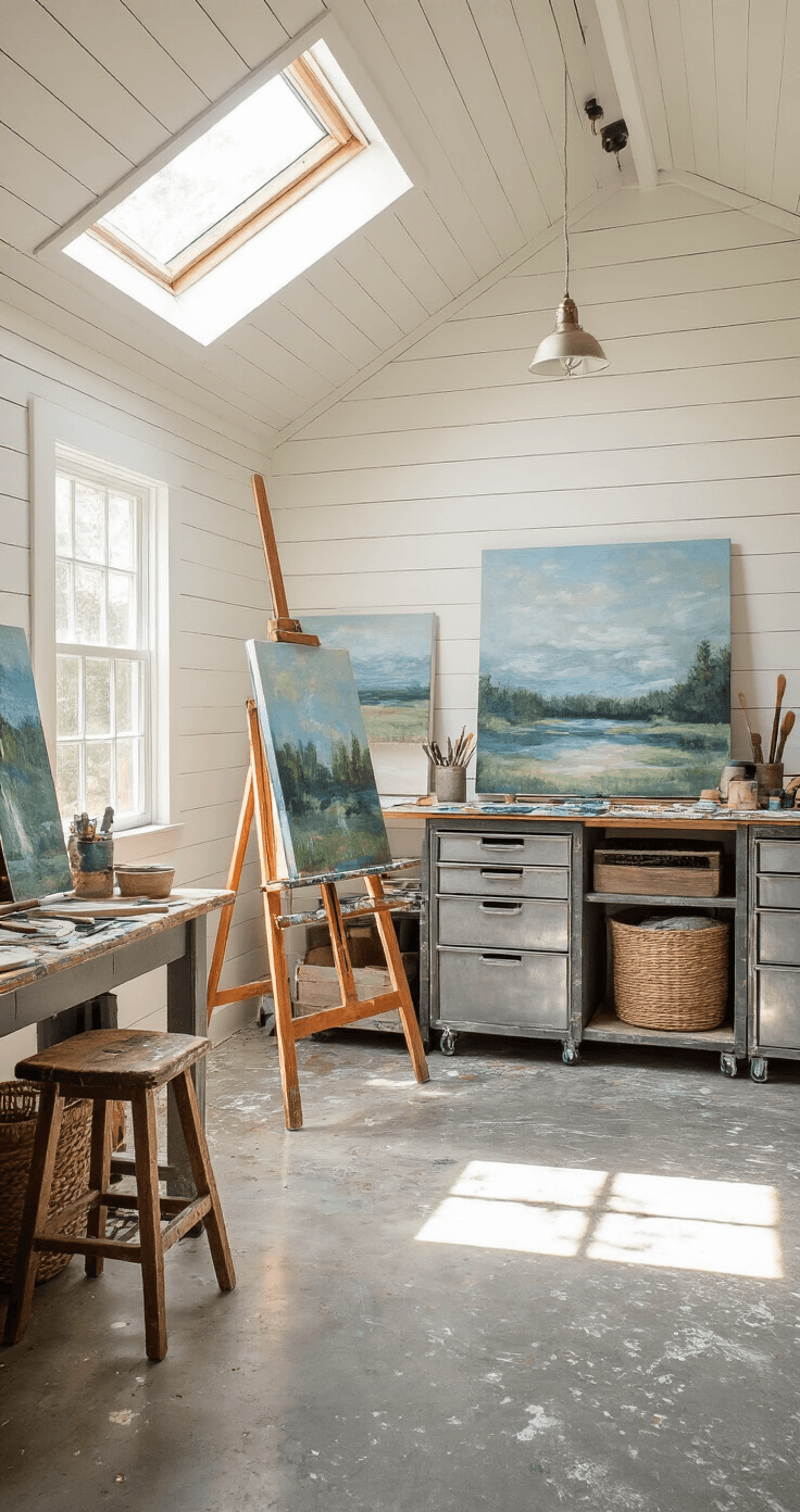 An artist's studio shed featuring an easel, white-washed shiplap walls with finished canvases, metal storage units, and paint-splattered concrete floors, illuminated by afternoon sunlight through clerestory windows. A vintage wooden stool and woven basket add texture in the foreground.