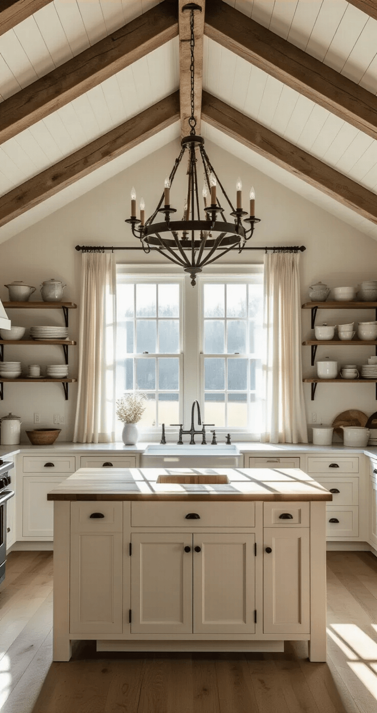 A spacious farmhouse kitchen featuring vaulted ceilings with exposed wooden beams, illuminated by morning sunlight streaming through large windows. A central butcher block island is surrounded by white shaker cabinets with matte black hardware. A grand rustic chandelier hangs above, complemented by a large apron-front sink beneath a window with linen cafe curtains. Vintage enamelware in cream and blue decorates open shelving, all captured from the kitchen entrance in warm, cozy lighting.