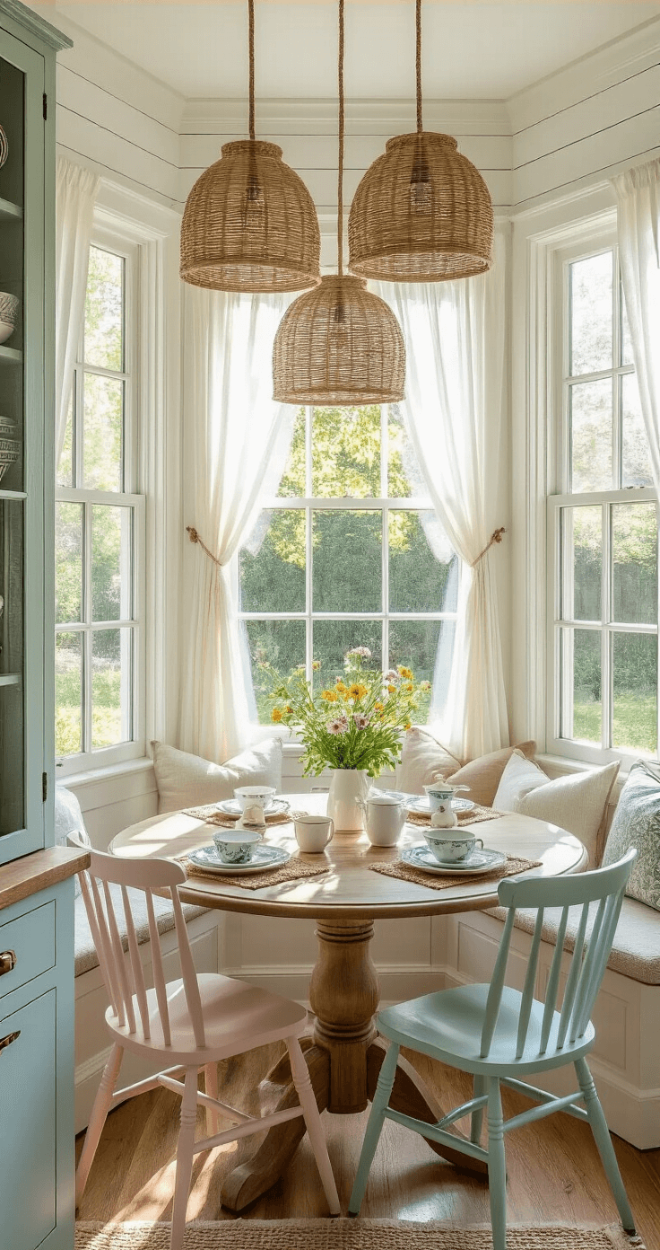 An intimate breakfast nook in a bay window with sheer white curtains, featuring a round reclaimed wood table surrounded by mismatched pastel chairs, three woven pendant lights, a vintage china cabinet in duck egg blue, and wildflowers in mason jars, all bathed in warm late afternoon light.