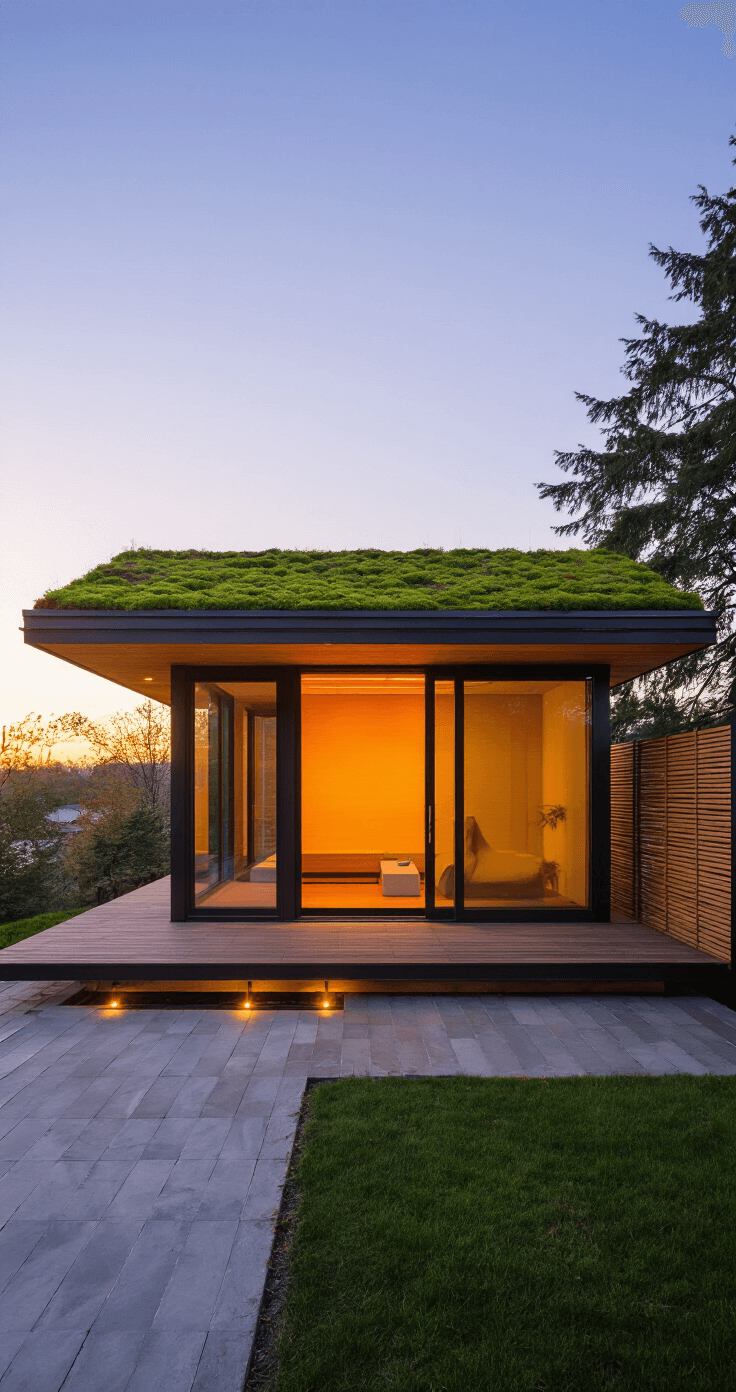 Modern meditation shed at dusk with a living sedum green roof, clean-lined cedar and steel construction, illuminated by integrated LED ground lighting, featuring floor-to-ceiling sliding glass doors reflecting the sunset and bamboo screening for privacy, captured from a 45-degree angle.