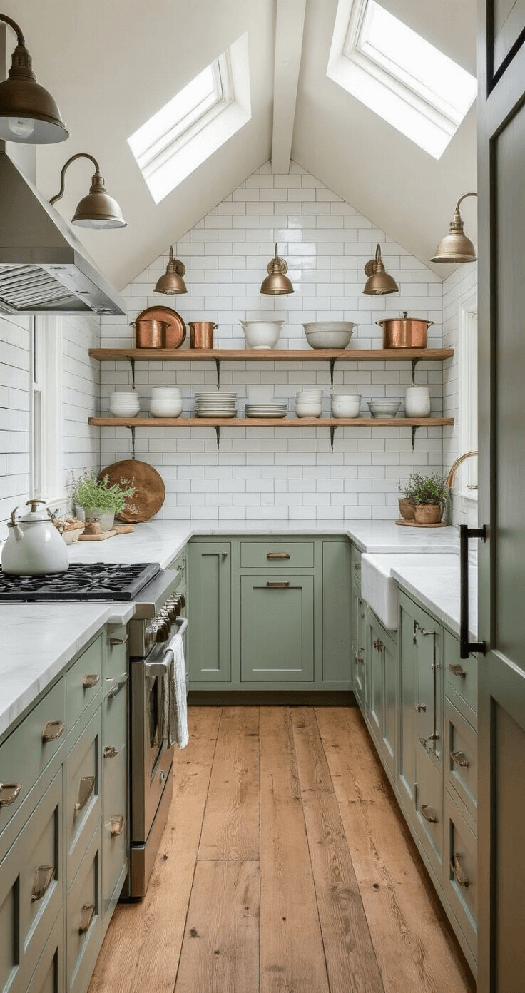 A bright narrow galley kitchen with a pitched ceiling, skylights, white subway tile backsplash, and soapstone countertops, featuring galvanized metal wall sconces and wooden shelves with ironstone and copper cookware. The opposite wall has soft sage green cabinets and a weathered gray barn door leading to a pantry, all on warm wide plank pine floors. Camera angle showcases the length and verticality of the space with high-contrast lighting enhancing textures.