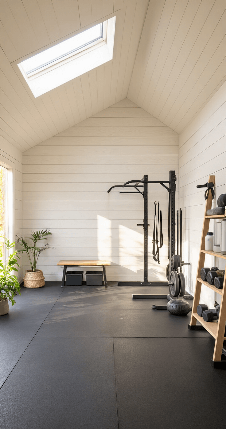 Interior of a modern workout shed at dawn, featuring rubber flooring, a white oak accent wall with mounted training equipment, a mirrored wall reflecting morning light from skylights, minimalist storage for yoga gear and free weights, a hydration station with a filtered water dispenser, and plants in the corners, captured with a wide-angle lens to highlight the spacious atmosphere.