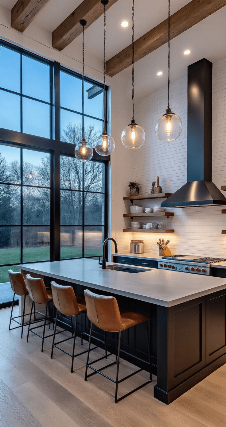 A modern farmhouse kitchen featuring a large island with a concrete countertop, illuminated by glass pendant lights, surrounded by matte black cabinetry and white oak shelves, with expansive steel-framed windows casting a twilight glow, captured from a slightly elevated angle.