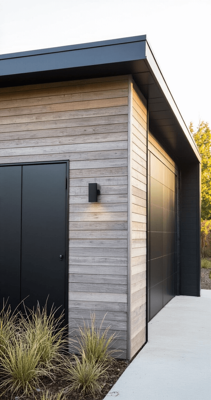 Detail shot of a modern shed showcasing the intersection of weathered cedar siding and black metal trim, featuring oversized matte black door hardware and custom floating steel house numbers, with drought-resistant plantings at the base, all highlighted by late afternoon side lighting.