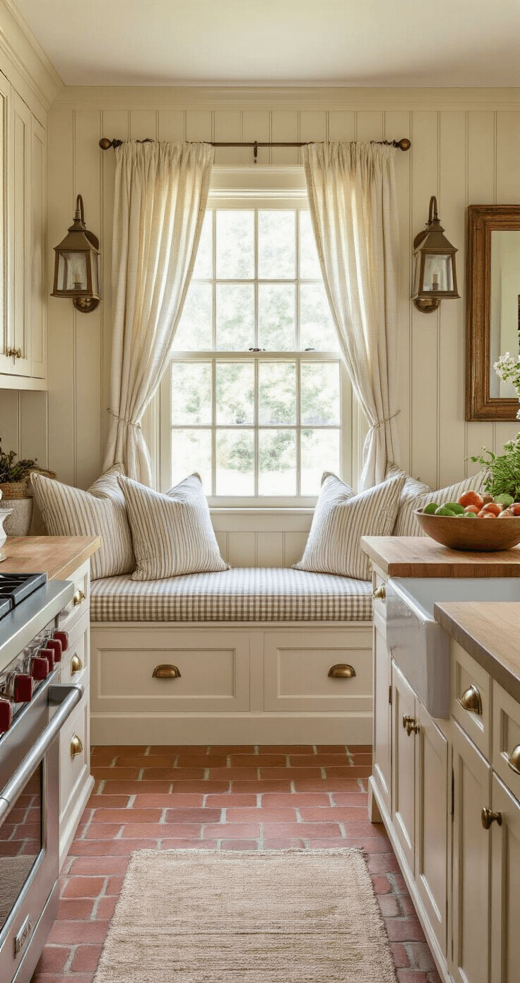 A cozy farmhouse kitchen with a window seat adorned with gingham cushions, light filtering through cafe curtains, cream-colored cabinetry, a farmhouse sink, and a butcher block island with fresh produce, all bathed in warm, diffused morning light.