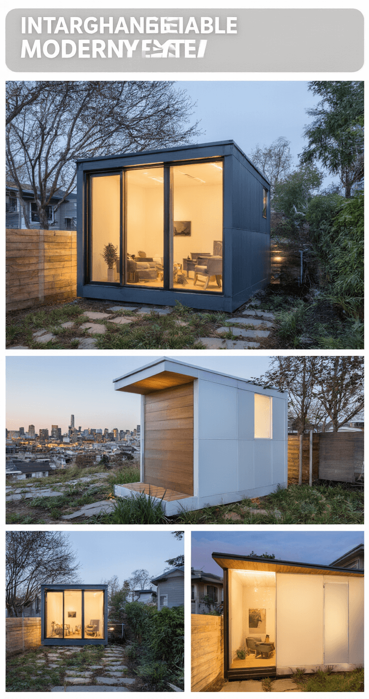 Compact modern shed with interchangeable panel system at twilight, illuminated interior glowing through frosted glass. Modular wall sections create visual rhythm, highlighted by hidden LED strips. Native garden surrounds it, viewed from an elevated position with the main house and city lights in the background.