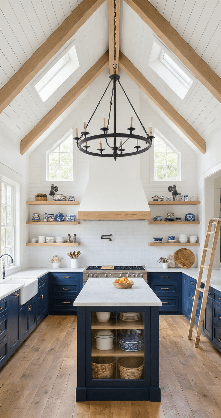 An airy farmhouse kitchen with cathedral ceilings, featuring a grand chandelier, marble-topped island, navy blue cabinets, and natural wood open shelving, all illuminated by late morning sunlight streaming through clerestory windows.