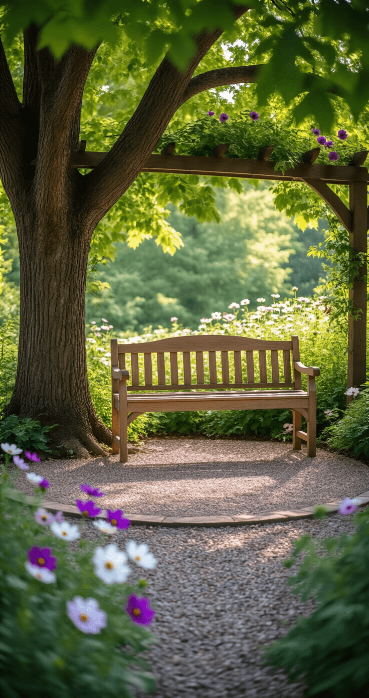 A weathered teak garden bench under a mature maple tree, surrounded by dappled sunlight, with purple and white cosmos flowers in the foreground and climbing roses on an aged wooden arbor above. The low-angle shot at f/2.8 creates a dreamy bokeh effect, highlighting the bench's honey-colored patina and rustic charm.