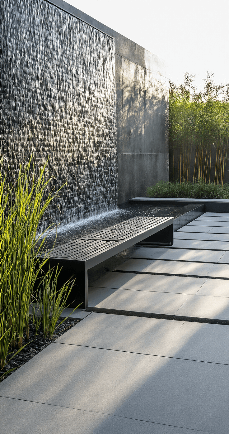 A sleek black powder-coated metal garden bench sits beside a minimalist water feature, surrounded by geometric concrete pavers, with early morning light casting dramatic shadows. Architectural grasses and bamboo add vertical interest, while the cool gray and black palette is accented by greenery.