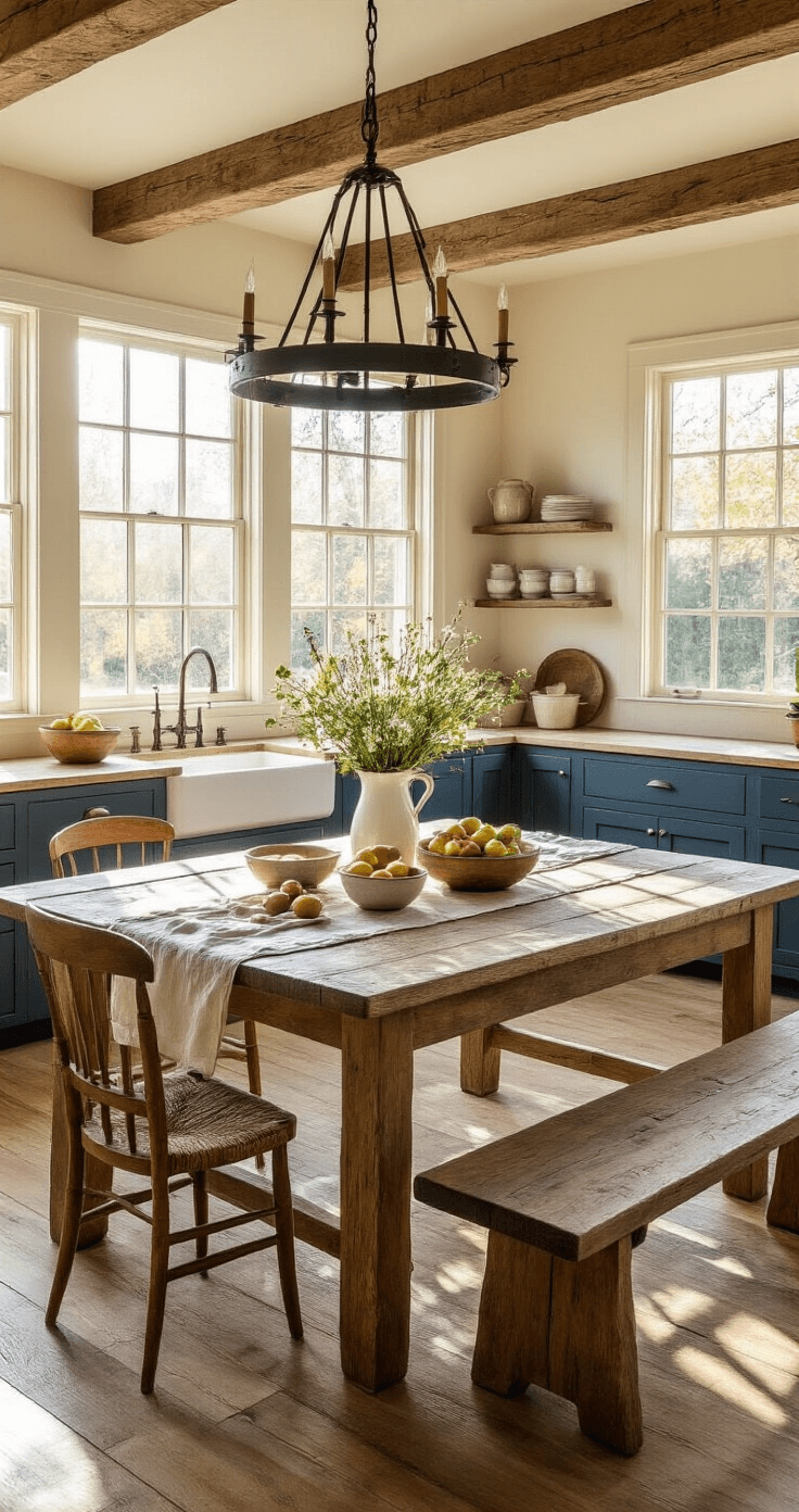 A sunlit farmhouse kitchen with exposed wooden beams, featuring a large oak table set for breakfast, adorned with fruit and flowers. Mismatched chairs line one side, while deep blue cabinets contrast with soft cream walls. A wrought iron chandelier casts a warm glow, and a gleaming copper sink is visible in the corner. The scene is illuminated by golden morning light streaming through large windows.