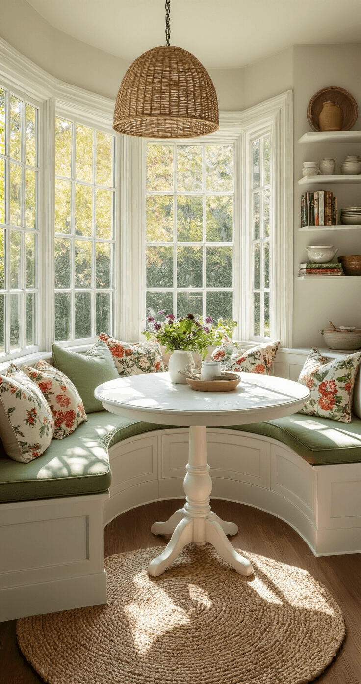 A cozy kitchen nook with a bay window overlooking a garden, featuring a round distressed white pedestal table, a curved built-in bench with sage green cushions, and colorful floral throw pillows. A low-hanging rattan pendant light illuminates vintage pottery and cookbooks on open shelving, all anchored by a braided jute rug. Soft, warm afternoon sunlight casts long shadows, creating an intimate and relaxed atmosphere.