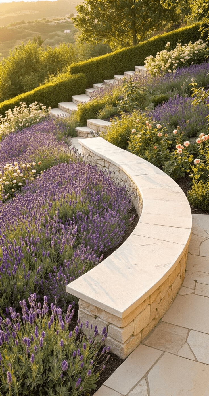 Curved limestone bench in a terraced garden, overlooking lavender and roses, bathed in golden hour light, showcasing a Provence-inspired palette of purple, green, and warm beige.