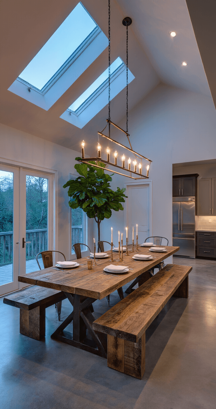 A contemporary rustic open-concept kitchen featuring a large reclaimed barn wood table set for dinner, with industrial metal chairs, a modern chandelier, and a fiddle leaf fig tree. Polished concrete floors reflect soft twilight light from skylights, creating an elegant yet comfortable ambiance.