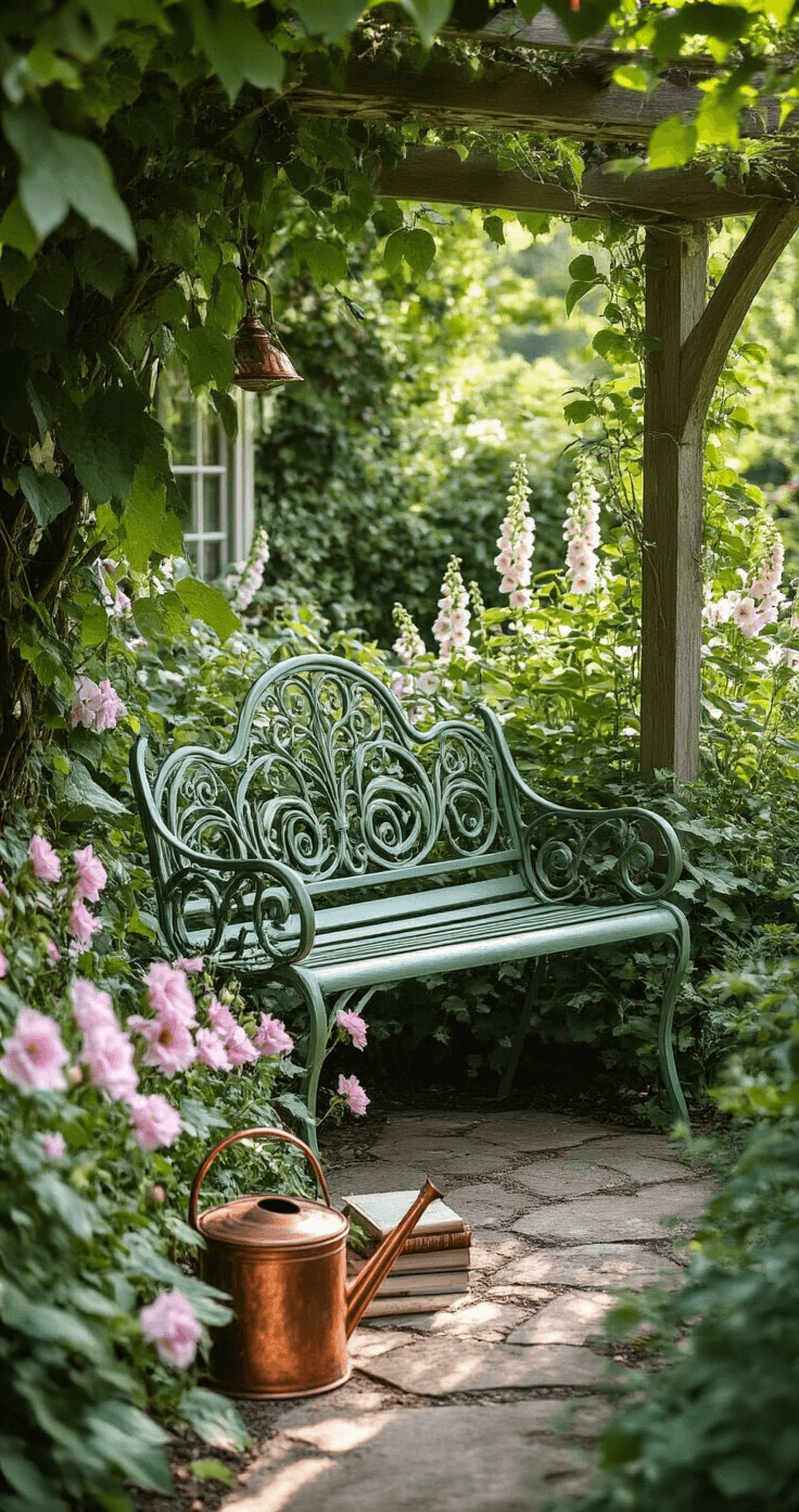 Intimate corner of a cottage garden featuring a sage green Victorian-style metal bench with ornate scrollwork, surrounded by climbing clematis and foxgloves, softly illuminated by morning light filtering through a pergola; vintage accessories like a copper watering can and weathered books enhance the romantic atmosphere.